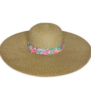 Lilly Pulitzer Hat Sun Wide Brim Floral Coquette Preppy Metallic Tan Pink Green